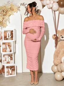 Loomaby 孕妇性别暴露连衣裙女式纯色 RBardot 网眼花卉露肩扭褶优雅长袖连衣裙中长连衣裙适合婴儿送礼会孕妇装 - 粉色 - 查看 6