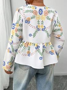 SHEIN Frenchy 女士加大码花卉印花领结长袖白衬衫 - 白色 - 查看 2