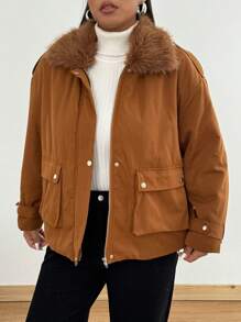 Flirla Plus Size Solid Color Fluffy Patchwork Fox Fur Collar Winter Clothes Casual Padded Padded Coat - Brown - View 7