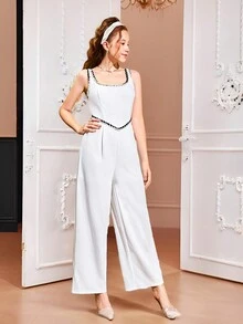 SHEIN Girlism Bộ đồ liền thân viền tương phản dệt kim màu trắng thanh lịch cho bé gái tuổi teen dự tiệc trang trọng & trở lại trường - trắng - Xem 6