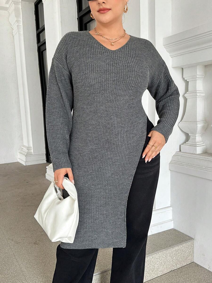 SHEIN Essnce Suéter largo asimétrico de punto holgado de cuello en V gris para mujer de talla grande, ropa de otoño para curvas - Gris - Ver 1