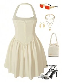 Elegant Simple Halter Dress For Teen Girl, Fashionable & Suitable For Parties - White - View 2