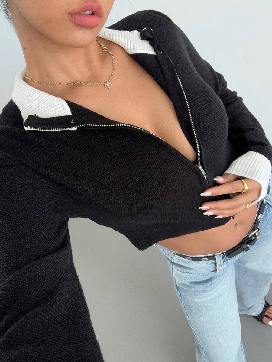 Aloruh Women's Fashionable Casual Black & White Contrast Zip Up Front Crop Knit Sweater, New Arrival For Autumn/Winter - Multicolor - View 1
