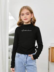 SHEIN Bộ đồ hai mảnh cho bé gái tuổi teen, gồm áo thun dài tay cổ cao in chữ, kiểu dáng bo chun, thoải mái và thanh lịch, phù hợp cho mùa thu và mùa đông. - Nhiều màu - Xem 3