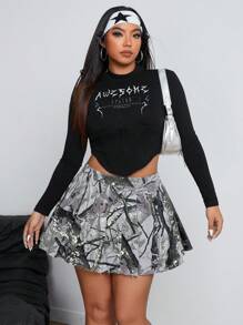 SHEIN ICON Plus Size All-Over Print Pleated Washed Denim Skirt, Casual - Multicolor - View 5