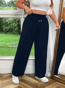 SHEIN 加大码纯色松紧腰抽绳直筒裤，适合秋季 - 藏蓝色 - 查看 3