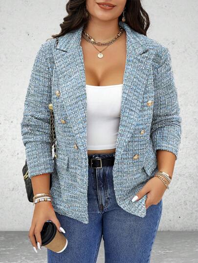Vionelle 大码女式格子翻领长袖金属纽扣撞色休闲西装外套，秋季