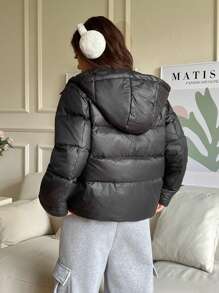 SHEIN EZwear Chaqueta acolchada con capucha de manga larga, informal y holgada, de unicolor, para invierno