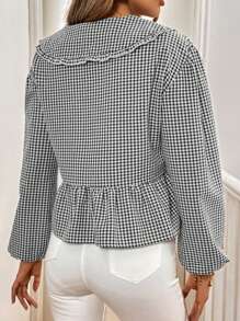 Chiquease 女式彼得潘领格子衬衫，系带，荷叶边，纽扣领，长袖荷叶边上衣 - 黑色 - 查看 2