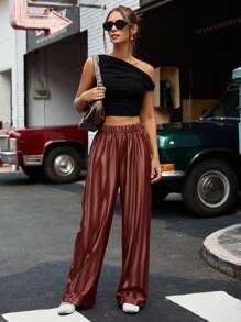 Aveloria Affinna Women's Faux Leather High Waist Wide Leg Pants, Autumn/Winter Fall Cloth For Women