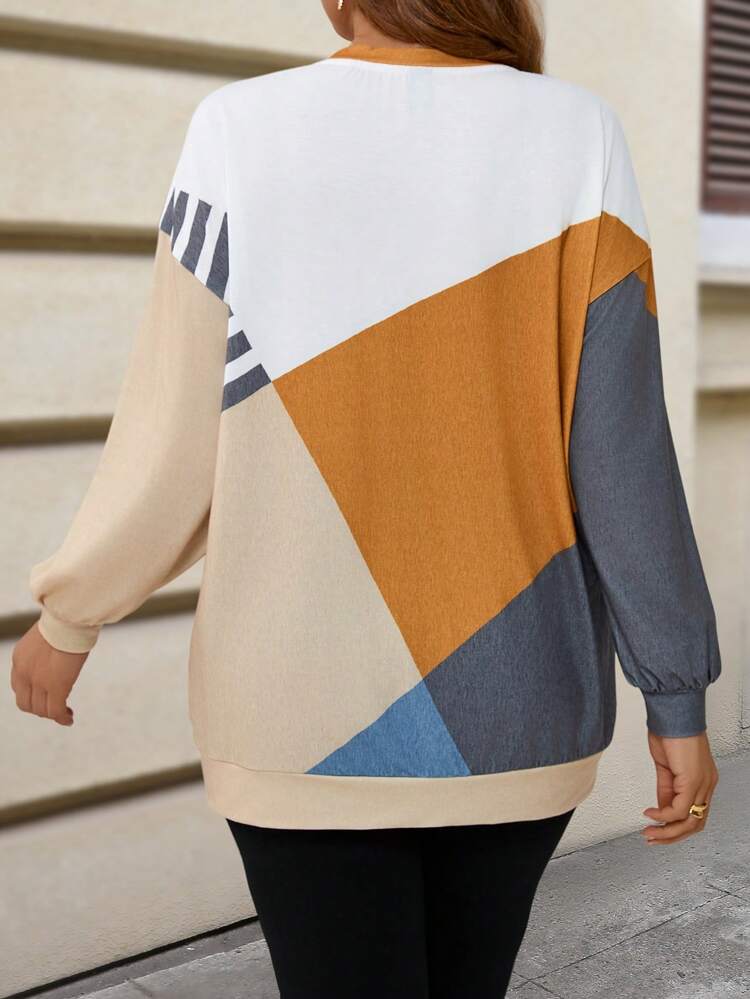 Plus Size Plain Color Patchwork Front Zip Long Sleeve Casual Sweatshirt