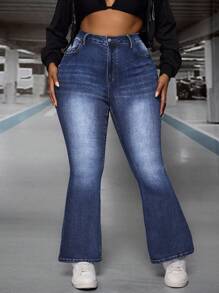 SHEIN SXY 大码秋季休闲破洞口袋喇叭腿牛仔裤 - 藍色 - 查看 6