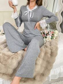 蕾丝边蝴蝶结装饰女士睡衣套装 - 灰色 - 查看 4