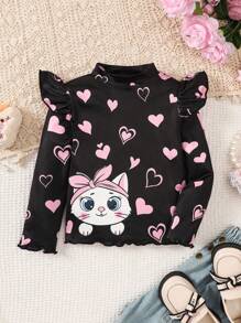 SHEIN Baby Girl Cute Cartoon Pattern Ruffle Trim Long Sleeve Knit Top, Versatile Autumn/Winter - Black - View 7
