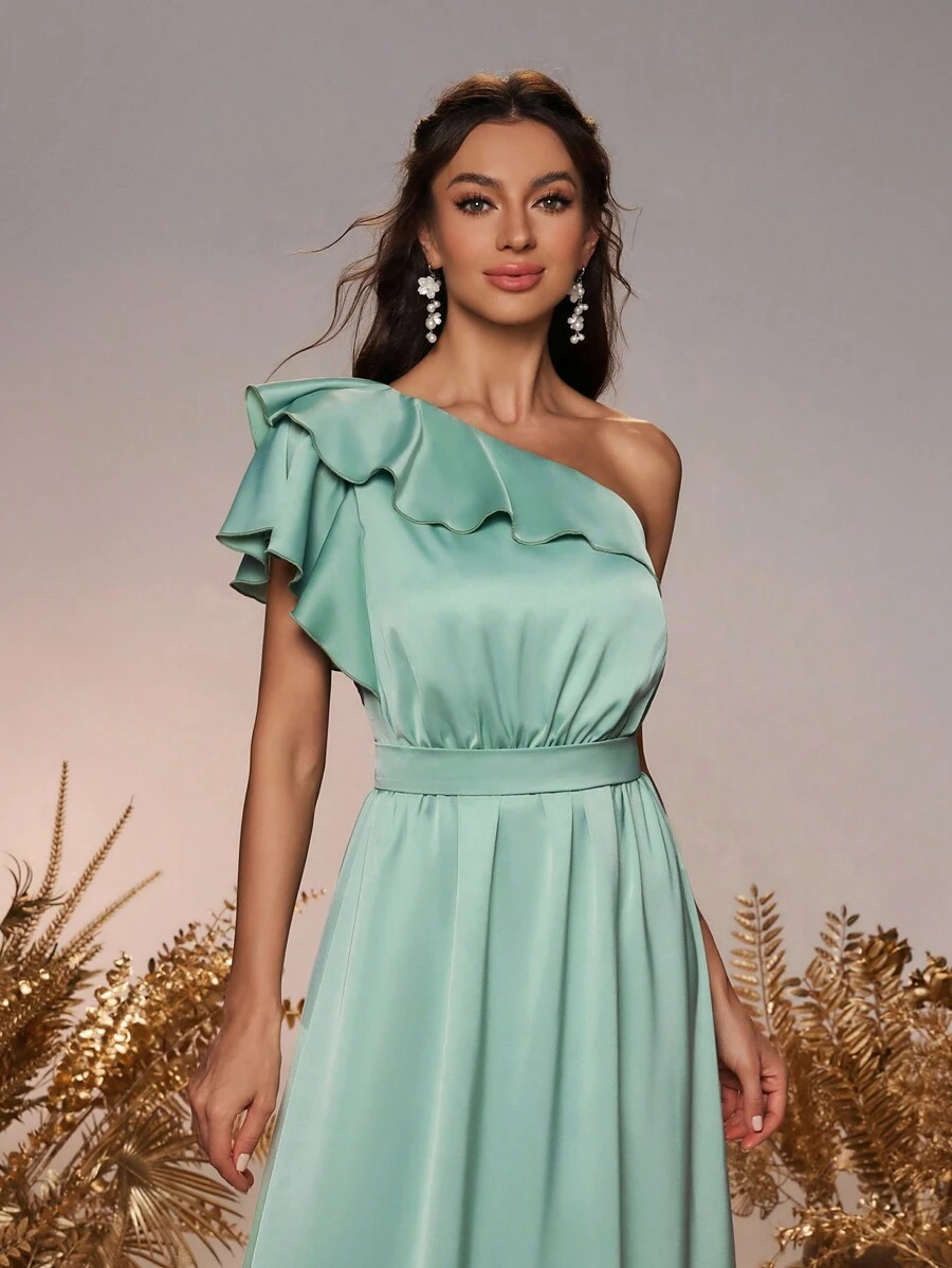 SHEIN Belle Elegante tecido de cetim verde pescoço assimétrico patchwork mangas babados cinto cintura decorada bainha em linha A casamento evento formal senhoras vestido de dama de honra - Verde escuro - Ver 1