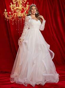 Glamrae 加大码长袖刺绣网眼荷叶边高领连衣裙，优雅飘逸的新娘礼服，白色婚纱，新娘