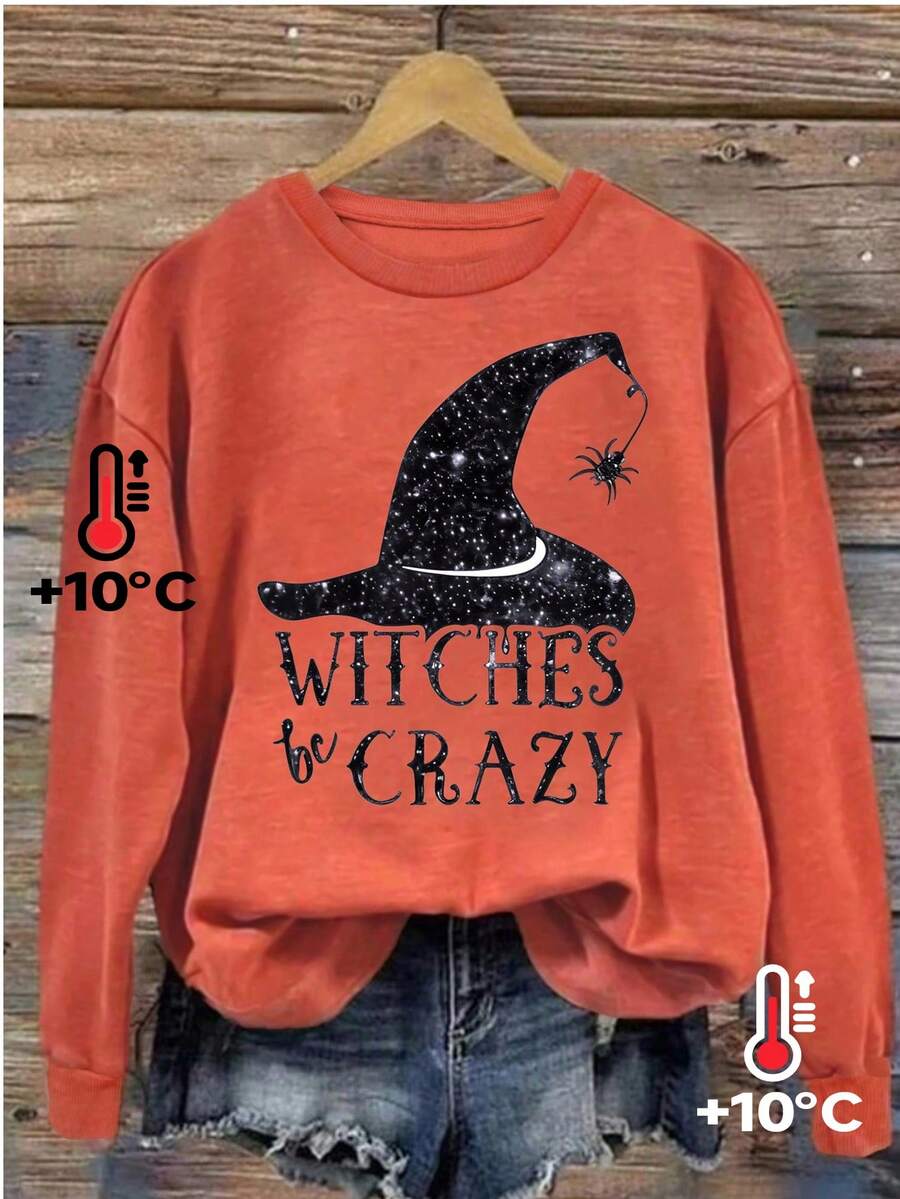 休闲纯色简约女巫帽图案保暖圆领运动衫，秋冬款