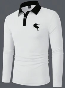 Calvornis Men Colorblock Trim Button Embroidered Casual Long Sleeve Polo Shirt, Golf Shirts For Men, Fall - White - View 4