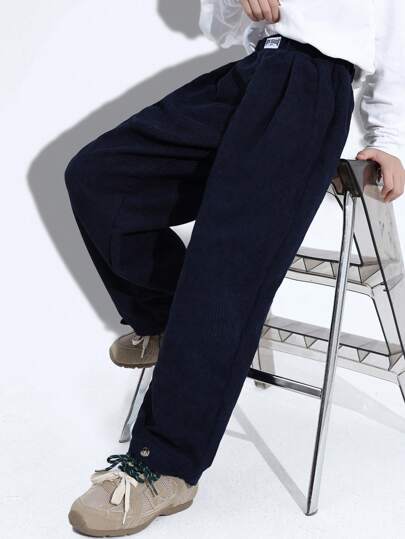 SHEIN Tween Boy 灯芯绒字母品牌休闲裤，适合上学、日常穿着、运动、秋冬季