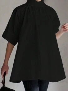 Camisa holgada para mujer talla grande, de diseño suelto, con cuello alto, manga corta y botones de seta