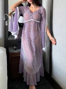 DAZY 浪漫银色亮片网眼撞色花卉蕾丝花边开袖松紧腰睡袍睡衣 - 紫色 - 查看 8