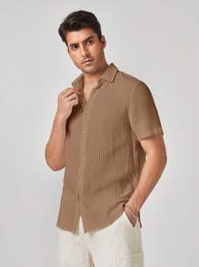 Manfinity VCAY 男士梭织休闲短袖正面纽扣纯色衬衫 - 棕色 - 查看 4