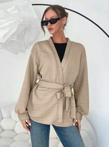 SHEIN Essnce Áo khoác nữ dáng áo choàng tắm thu đông, áo khoác dày dặn, rộng rãi, thoải mái khi ở nhà, áo cổ chữ V du lịch hàng ngày, áo dài tay - Màu Khaki - Xem 5