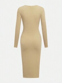 Girlism Teen Girls Solid Color Ribbed Long Sleeve Knitted Fitted Midi Dress, Autumn/Winter - Multicolor - View 10