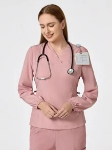 TaskEZ Solid Color V-Neck Long Sleeve Pocket Casual Nursing Uniform Scrub Top - Dusty Pink - View 3