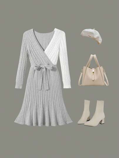 Höst/vinter tröja klänning tonårstjej, europeisk & amerikansk stil V-ringad veckad A-linje färgblock tjock garnpassad klänning, semesterstämning, kommer med bälte, lämplig för fest, gata, sammankomst, ung dam