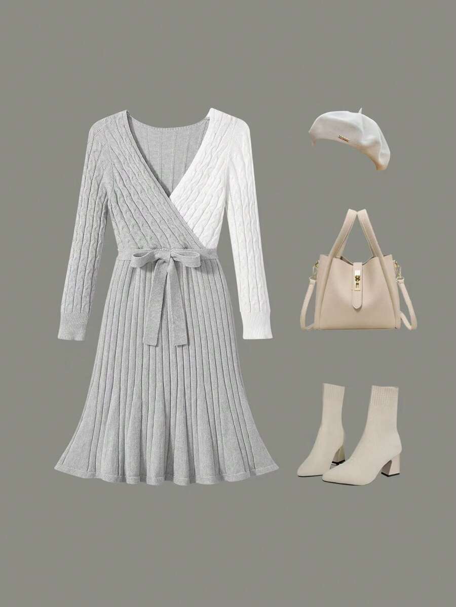 秋冬毛衣裙少女欧美风V领褶皱A字拼色粗纱修身连衣裙度假风配腰带适合派对街头聚会年轻女士 - 彩色 - 查看 1