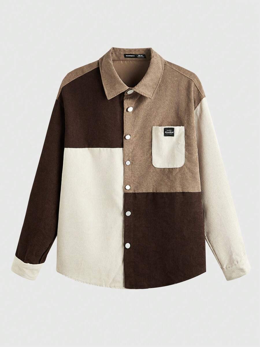 Manfinity VCAY Áo sơ mi dài tay hở vai dệt chắp vá cỡ lớn cho nam - Màu Khaki - Xem 1