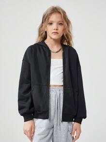 SHEIN Chaqueta con capucha con cremallera minimalista de color negro para niñas preadolescentes