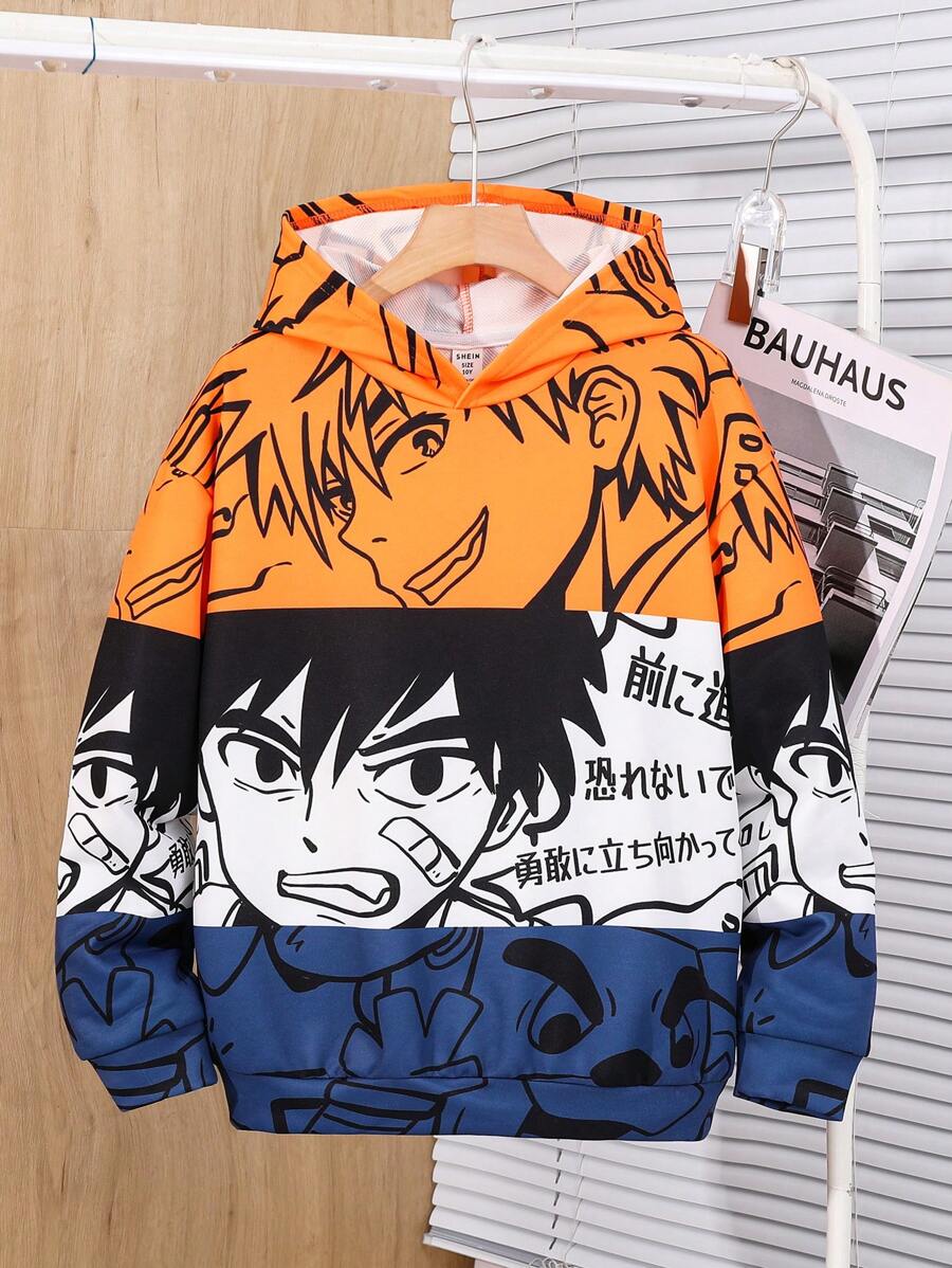 SHEIN Moletom infantil com estampa de anime japonês, ideal para ir ao trabalho, escola, uso casual diário, esportes, primavera/verão/outono/inverno. Pode ser combinado com jardineiras, shorts, casacos e cardigãs vermelhos/marrons. - Laranja - Ver 1