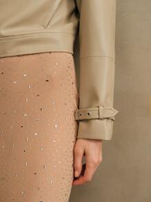 Anewsta جاكيت قصيرة نسائية حزام معطف جيب بيج نمط براق من جلد الصناعي - كاكي - مشاهدة 6