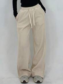 DAZY Pantalones anchos de unicolor, holgados y con forro térmico grueso, con cordón, cintura elástica y bolsillos, para mujer, con forro térmico para otoño e invierno - Beis - Ver 8