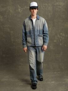 Men Premium 91% Cotton Denim Tinted Chore Jacket - Blue - View 2