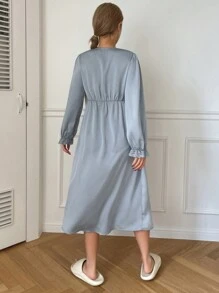 DAZY Semi-Sheer Lace Patchwork Satin Ruffled Trim Waist Nightgown Pajama - Blue - View 2