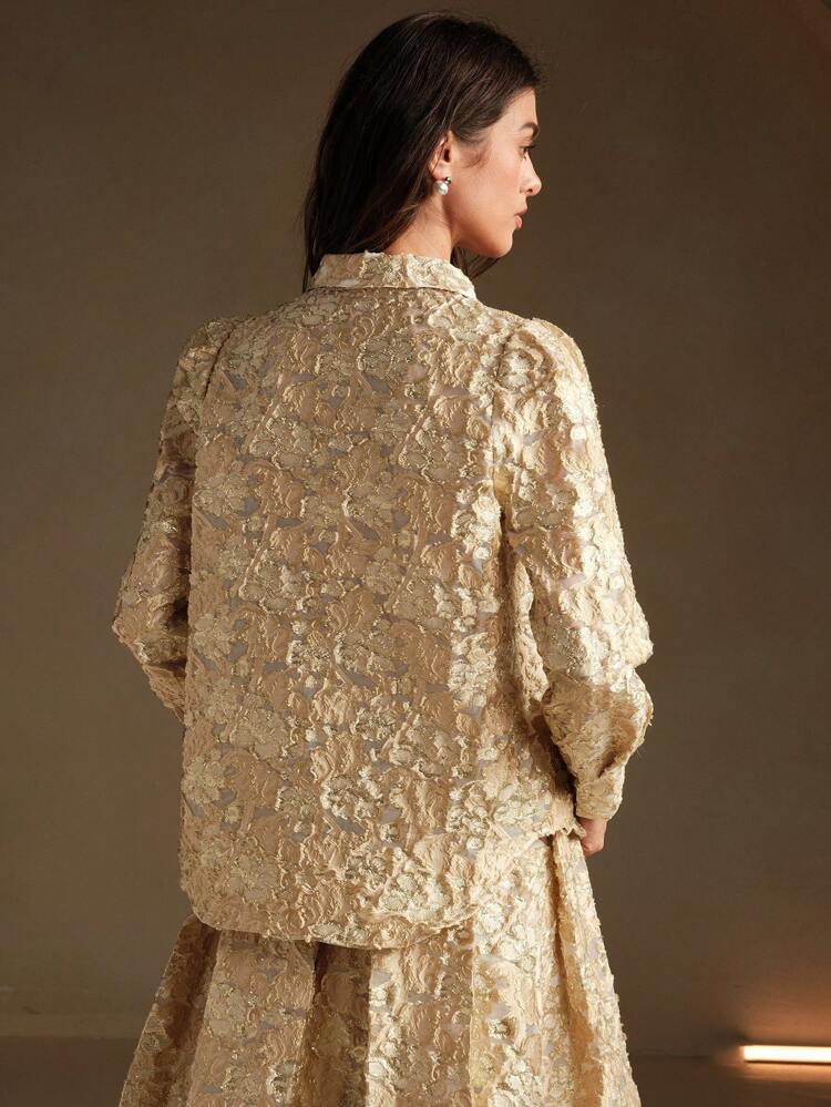 Collar Long Sleeve Gold Foil Jacquard Semi-Sheer Fitted Retro Elegant Blouse For New Year Holiday Party Clothes