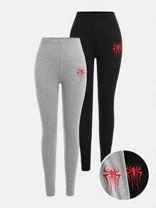 SHEIN Tween Girls Casual 2 Solid Color Gray& Black Spider Pattern Print Leggings 2 Pieces Multipack For Daily Wear - Multicolor - View 10