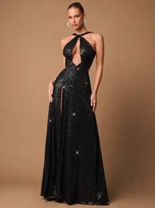 SHEIN BAE 优雅简约黑色镂空系带开衩闪光亮片派对礼服，适合鸡尾酒会、浪漫约会、秋冬针织连衣裙、派对、婚礼伴娘、夜间外出、万圣节、圣诞节 - 黑色 - 查看 5