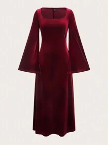 SHEIN Clasi Robe bordeaux polyvalente et à la mode avec décolleté en U pour femmes, automne/hiver - Rouge foncé - Voir 3
