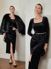 MOTF PREMIUM VELVET SQUARE NECK RUCHED FRONT RHINESTONE MIDI DRESS WITHOUT BELT - Black - View 10