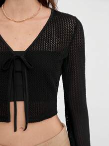 SHEIN EZwear Tie Front Bell Sleeve Crop Top - Black - View 3