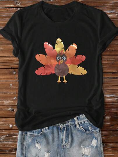 INAWLY Thanksgiving Turkey & Leaf Print Women Round Neck Short Sleeve Casual T-Shirt Graphic Tees Women Tops