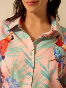 CAJUNI Women's Boho Colorful Parrot Print Loose Fit Drop Shoulder Long Sleeve Blouse, Casual Summer Beach Vacation