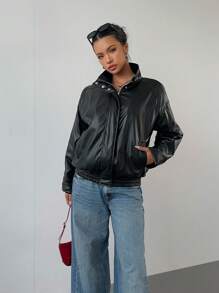 Aloruh 1 pièce Veste en faux minimaliste à manches longues et fermeture éclair frontale de couleur unie, décontractée pour le port quotidien