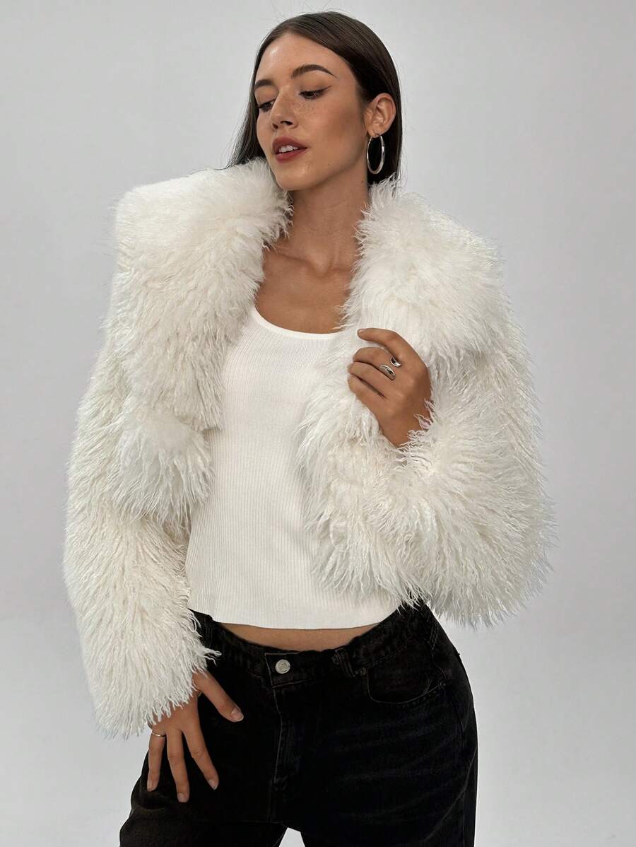 Aloruh Women Winter Coats,Fluffy Coats,White Fur Coats,Commuter Coats,Warm Jacket,Elegant Business Commuting Daily Casual Street Warm Jacket Fashion Solid Color Long Sleeve Fluffy Casual Jacket - Beige - View 1