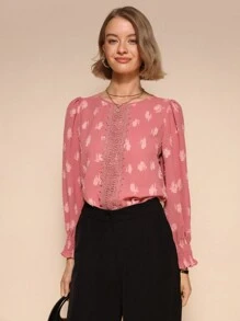 Chiquease Blusa elegante de manga larga con cuello redondo y parches de encaje para mujer