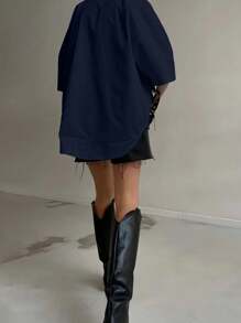 QIANZHIDU 2024春夏秋季纯女式时尚衬衫，优雅半袖纽扣衬衫，办公室精美女式上衣，夏季女装，春季女装，夏季上衣，情人节和新年服装 - 藏蓝色 - 查看 5